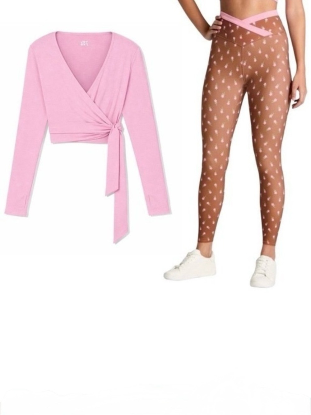 Balletcore Athleisure Set Pink Wrap Top Crossover Floral Leggings Lyocell XXL